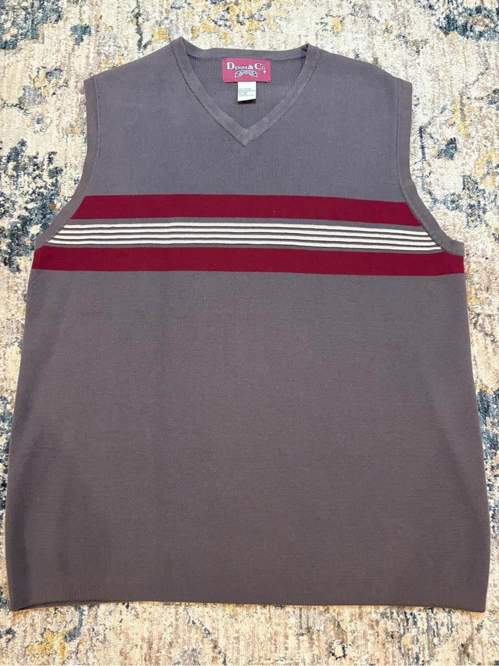 VTG Denim & Co 90s Grey Knit Sweater Vest Red White Chest Stripe Men’s Size M